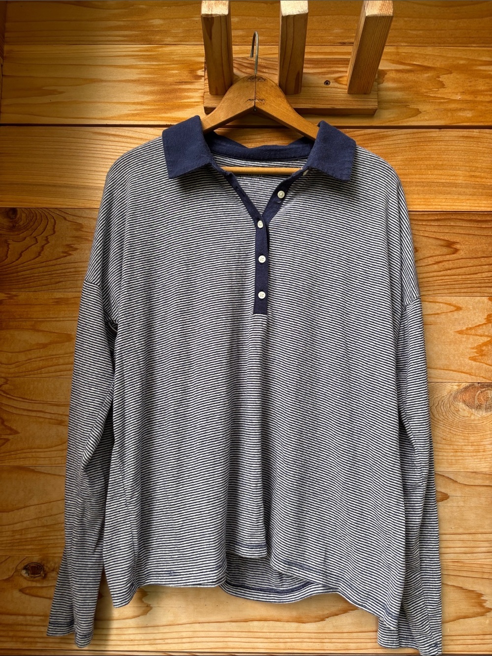 J.Crew Relaxed Stretch Linen Blend Striped Polo Shirt Navy White L - Picture 2 of 8